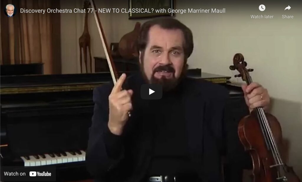 Image of George Marriner Maull holding a violin, sitting on a piano bench from Video Chat 77: New to Classical?