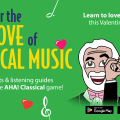 promoting our new Quest in our game app AHA! Classical. Valentine's Day theme with hearts and Maestro Maull with heart hands. This Quest features "Bach in Love".