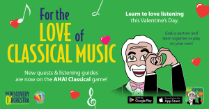 promoting our new Quest in our game app AHA! Classical. Valentine's Day theme with hearts and Maestro Maull with heart hands. This Quest features "Bach in Love".