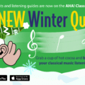 promoting our new Quest in our game app AHA! Classical. The new quest features Vivaldi's Winter. Image has Maestro Maull in a green snow hat, snow at the bottom and snow coming down from the top.