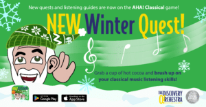 promoting our new Quest in our game app AHA! Classical. The new quest features Vivaldi's Winter. Image has Maestro Maull in a green snow hat, snow at the bottom and snow coming down from the top.