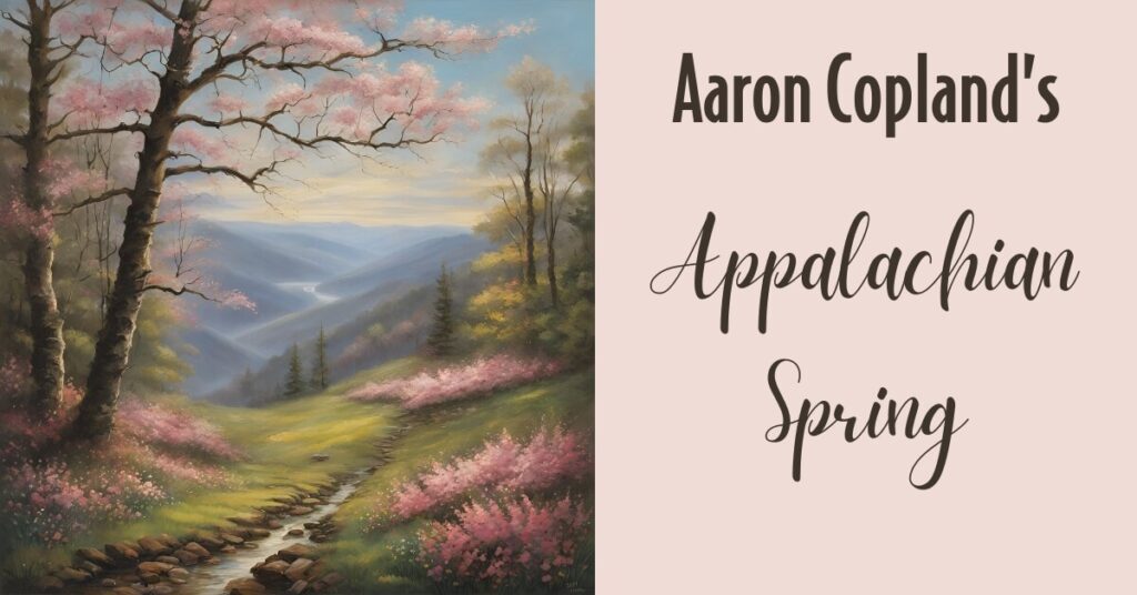 nice spring image with green grass, rolling hills, and a brook to represent Aaron Copland's Appalacian Spring.