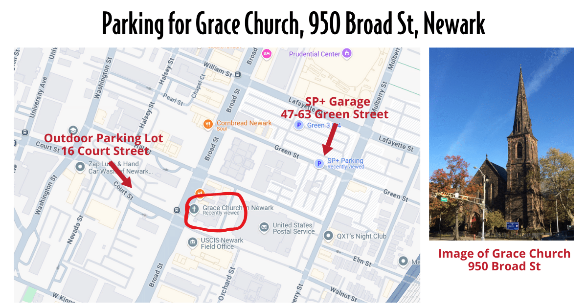 map of Newark NJ showing Grace Church and nearby parking lot at 16 Court St