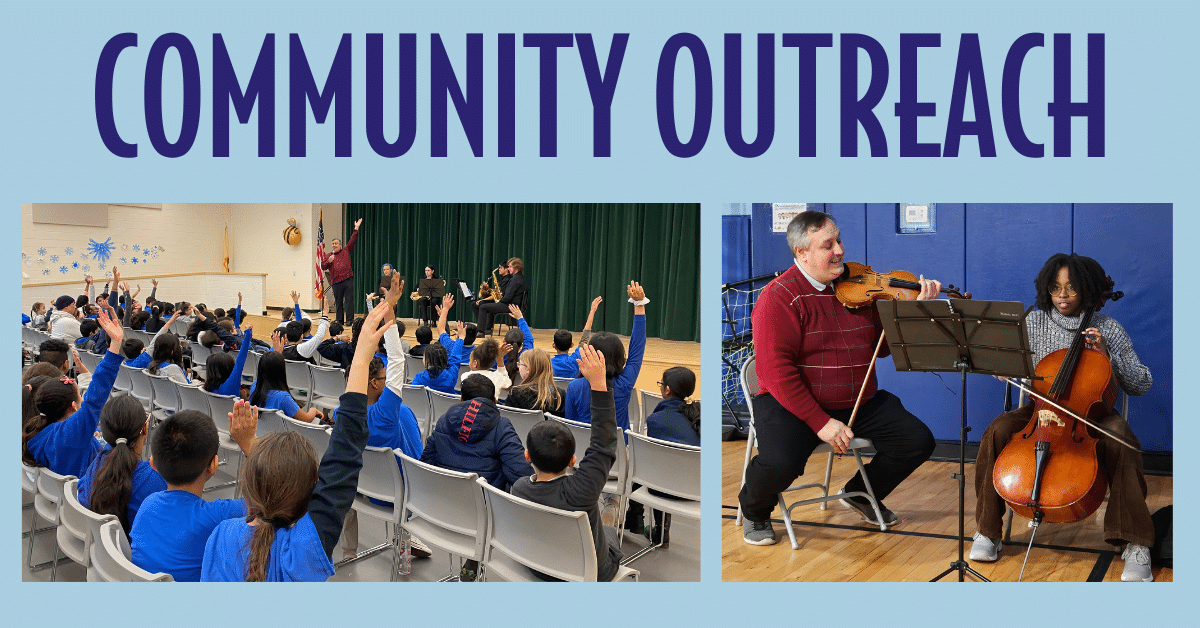 Community Outreach image with kids raising hands in Jersey City and a one-on-one lesson with a student in Morristown