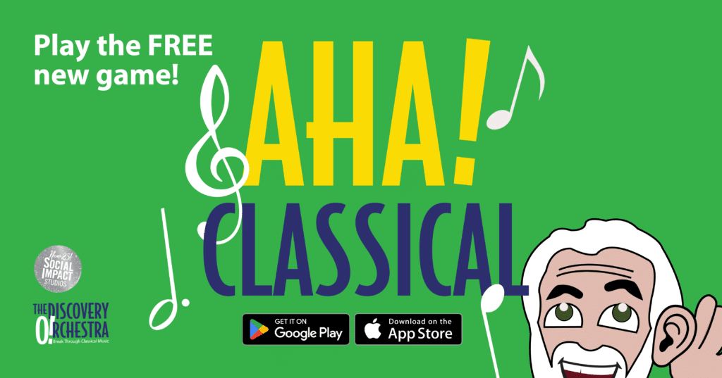 Image of our game app called AHA! Classical with a cartoon character of Maestro Maull and floating music notes.