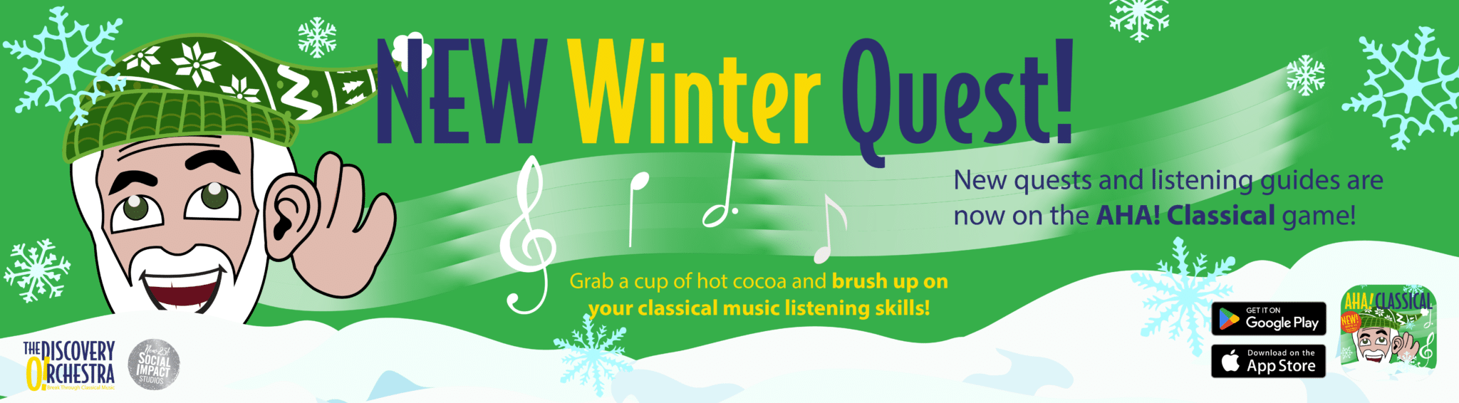 promoting our new Quest in our game app AHA! Classical. The new quest features Vivaldi's Winter. Image has Maestro Maull in a green snow hat, snow at the bottom and snow coming down from the top.