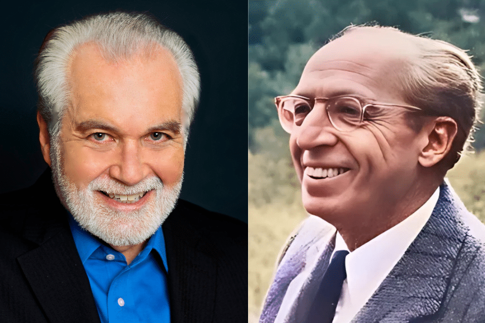 photo of Maestro George Marriner Maull on the left in a nice black suit with a royal blue shirt. On the right, a picture of Aaron Copland smiling in a grey suit with a white shirt.
