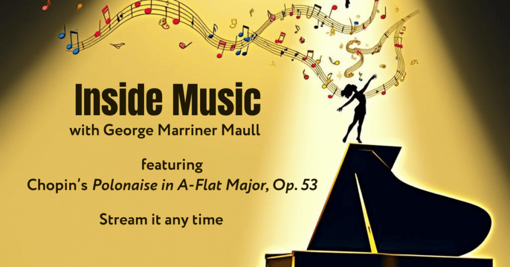This image has a grand piano with music notes and a dancer floating at the top of it. It represents our radio show (Inside Music) episode entitled What's a Polonaise? Featuring Chopin’s Polonaise in A-Flat Major, Op. 53
